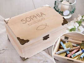Personalisierte Schatztruhe als kreatives Geldgeschenk zur Taufe
