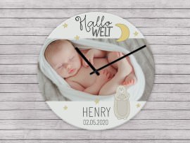 Fotouhr zur Geburt Hallo Welt