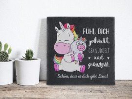 Schieferplatte Einhorn Spruch