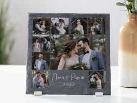 Schieferplatte mit Foto und Text als Tischdeko zur Hochzeit