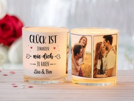 Windlicht mit Foto und Text als Tischdeko für die Hochzeit