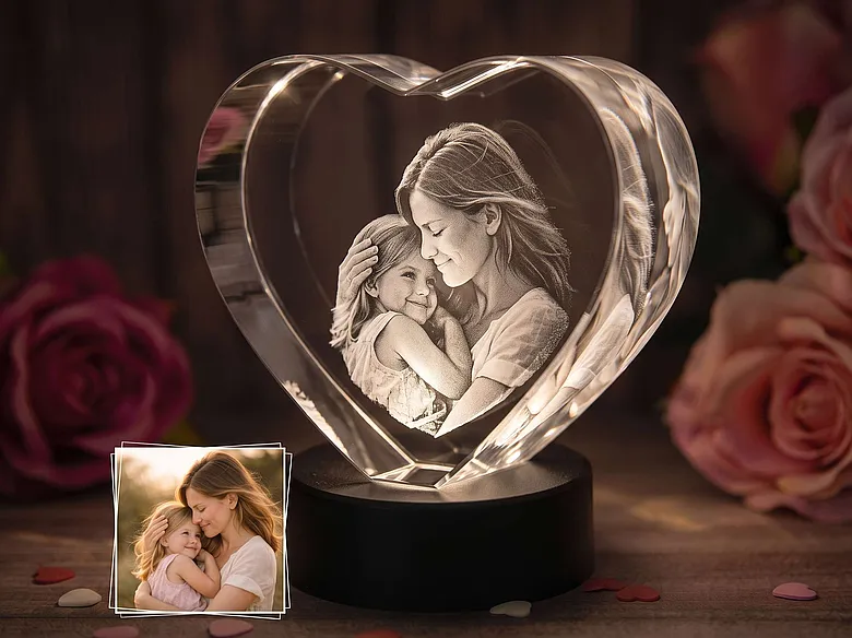 3D Glasfoto Herzform Mutter und Kind