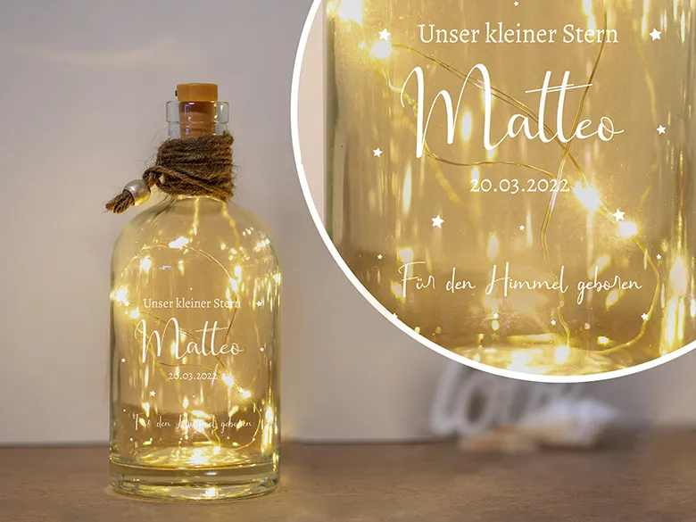 Gravierte Flasche mit Licht Sternenkind