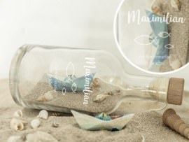 Gravierte Flasche mit Fischmotiv zur Konfirmation