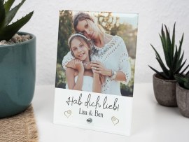Fotoaufsteller aus Echtglas Portrait Hab dich lieb