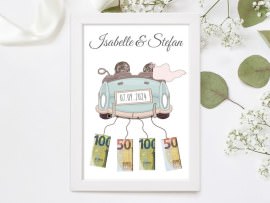 Geldgeschenk im Bilderrahmen Hochzeitsauto